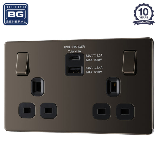 British General | FBN22UACB | Double Gang USB Type-C Smart Charging Switched Socket | 10 Years Warranty