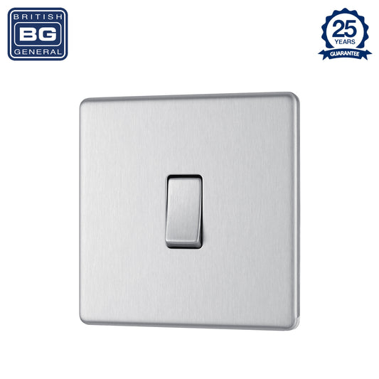 British General | FBS12 | FlatPlate Screwless Single Gang 2 Way Switch, Brushed Steel | 25 Years Warranty