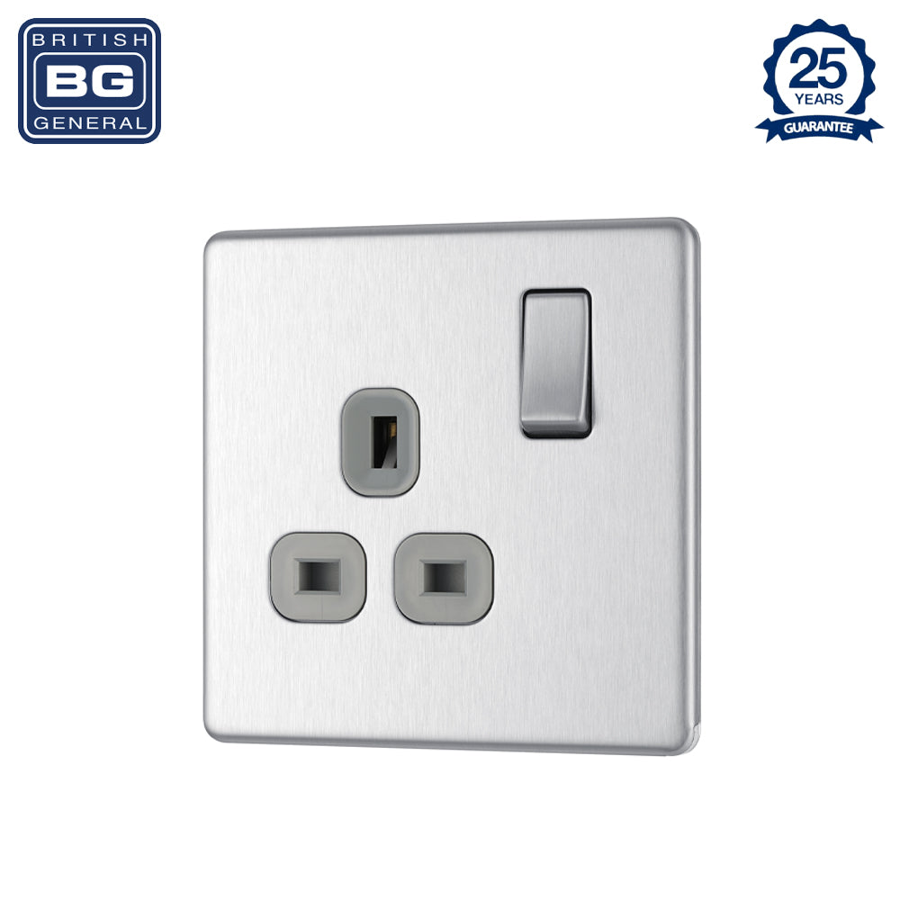 British General | FBS21G | Flatplate Screwless Single Gang Switched Socket | 25 Years Warranty