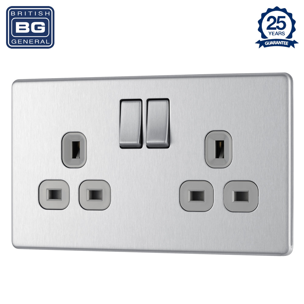 British General | FBS22G | Flatplate Screwless Double Gang Sockets with Switches | 25 Years Warranty