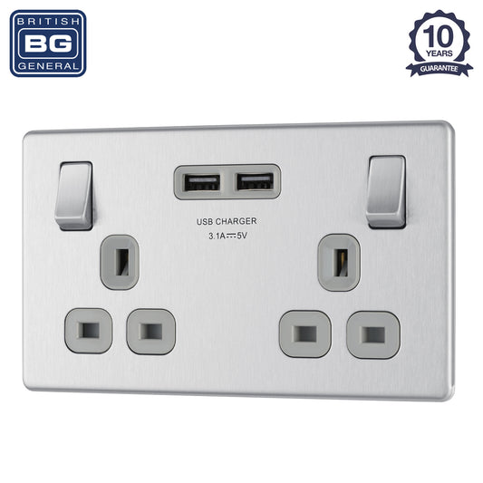 British General | FBS22U3G | Flatplate Screwless Double Socket with USB Charger | 10 Years Warranty