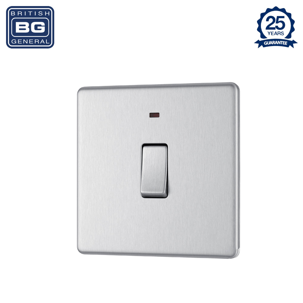 British General | FBS31 | Flatplate Screwless 20Amp Double Pole Switch with Power Indicator, Brushed Steel | 25 Years Warranty