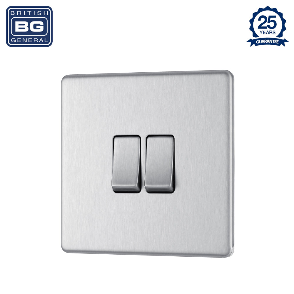 British General | FBS42 | FlatPlate Screwless Double Gang 2 Way Switch, Brushed Steel | 25 Years Warranty