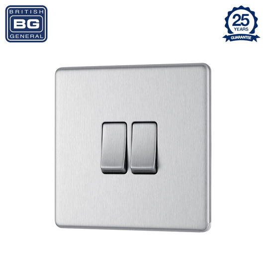 British General | FBS42 | FlatPlate Screwless Double Gang 2 Way Switch, Brushed Steel | 25 Years Warranty