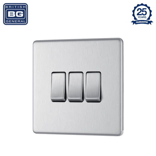 British General | FBS43 | FlatPlate Screwless Triple Gang 2 Way Switch, Brushed Steel | 25 Years Warranty