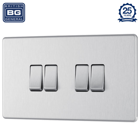 British General | FBS44 | Flatplate Screwless Four Gang 2 Way Switch, Brushed Steel | 25 Years Warranty