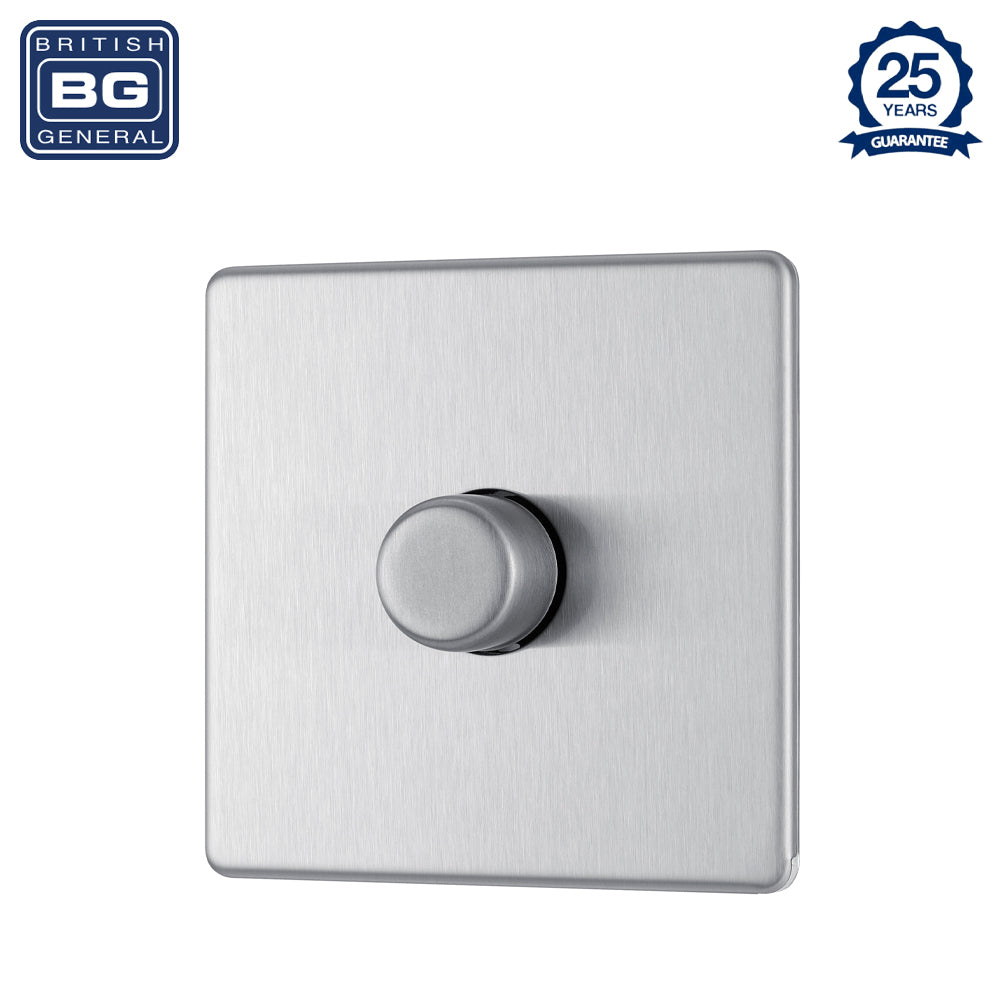 British General | FBS81P | Flatplate Screwless 2 Way 200W Dimmer Switch, Brushed Steel | 25 Years Warranty