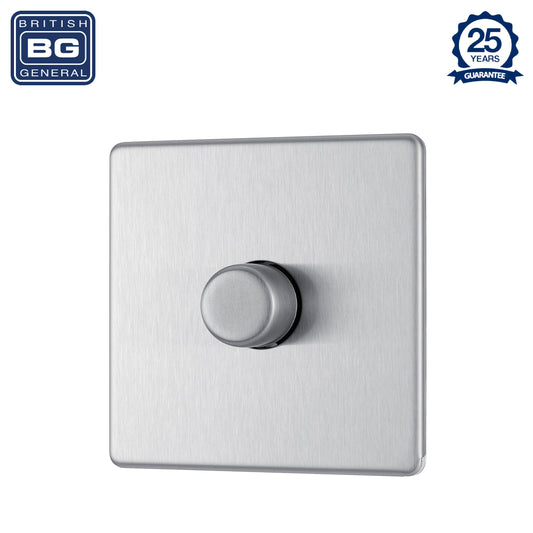 British General | FBS81P | Flatplate Screwless 2 Way 200W Dimmer Switch, Brushed Steel | 25 Years Warranty