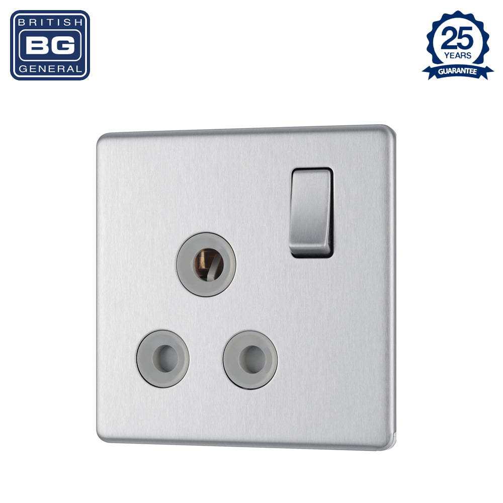 British General | FBS99G | Flatplate Screwless 15A Switched Socket Brushed Steel Grey Insert  | 25 Years Warranty