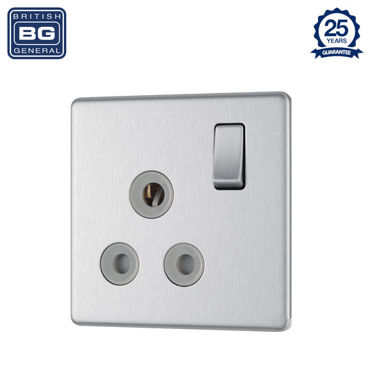 British General | FBS99G | Flatplate Screwless 15A Switched Socket Brushed Steel Grey Insert  | 25 Years Warranty