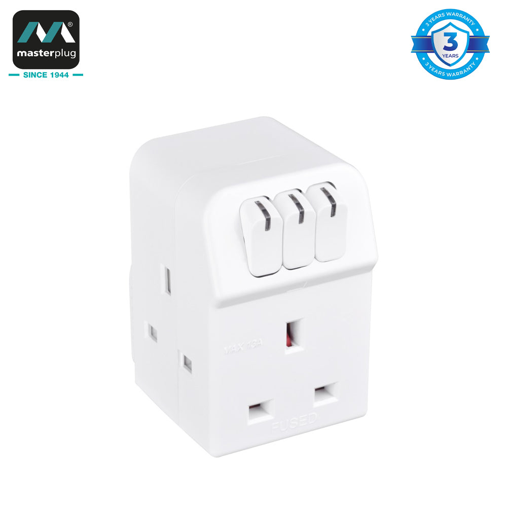 Masterplug | MSWG3 | 3 Way Individually Switched Adaptor, White | 3 Years Warranty