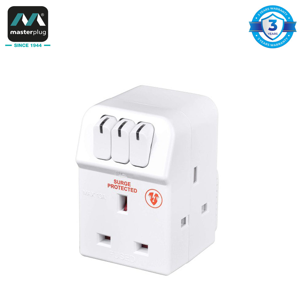 Masterplug | MSWRG3 | 3 Way Individually Switched Adaptor, White | 3 Years Warranty