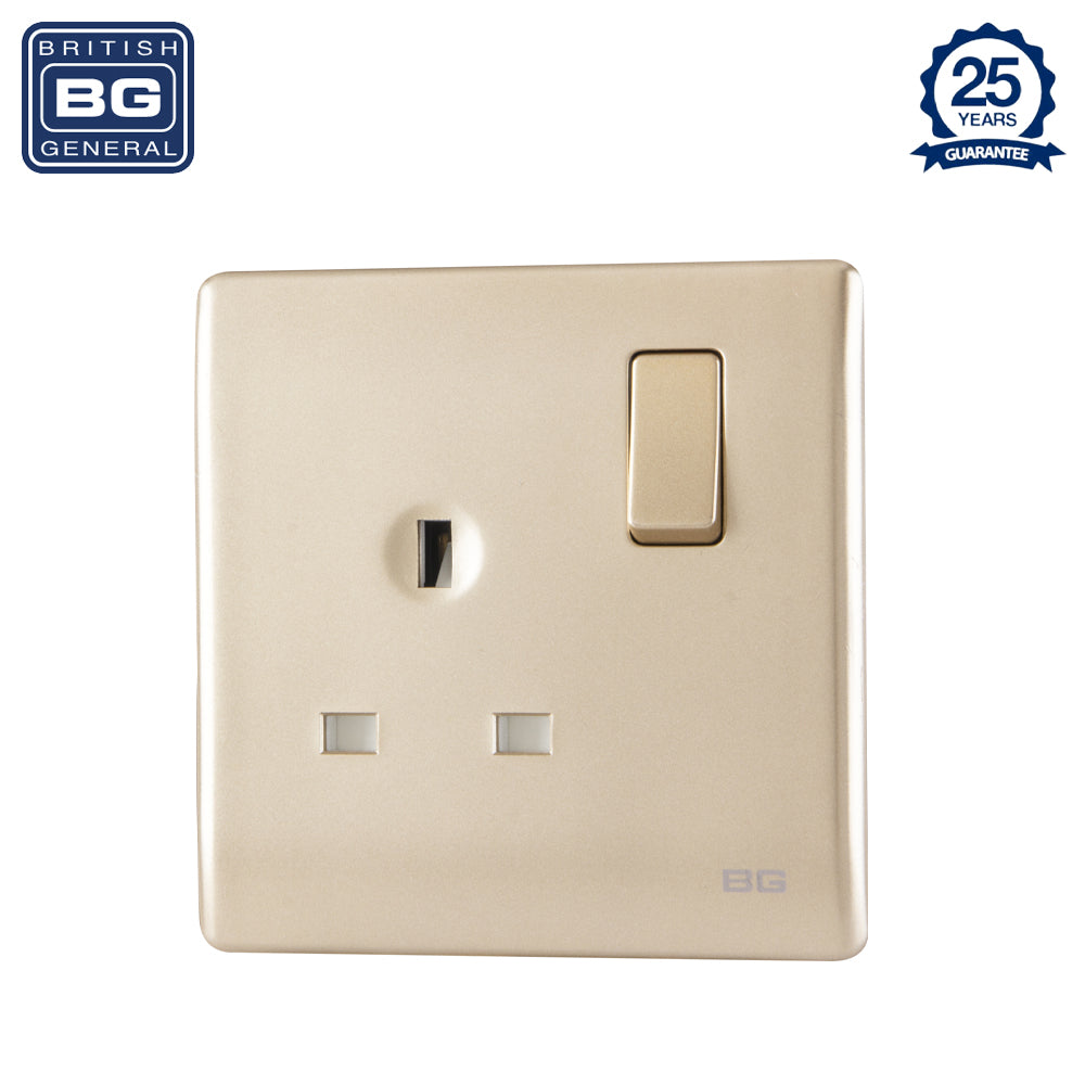 British General | PCCH21 | Neo Slimline Single Gang Switched Socket, Champagne | 25 Years Warranty