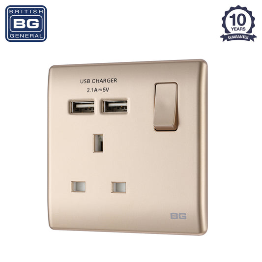 British General | PCCH21U2 | Neo Slimline Single Socket with USB Charger, Champagne | 10 Years Warranty