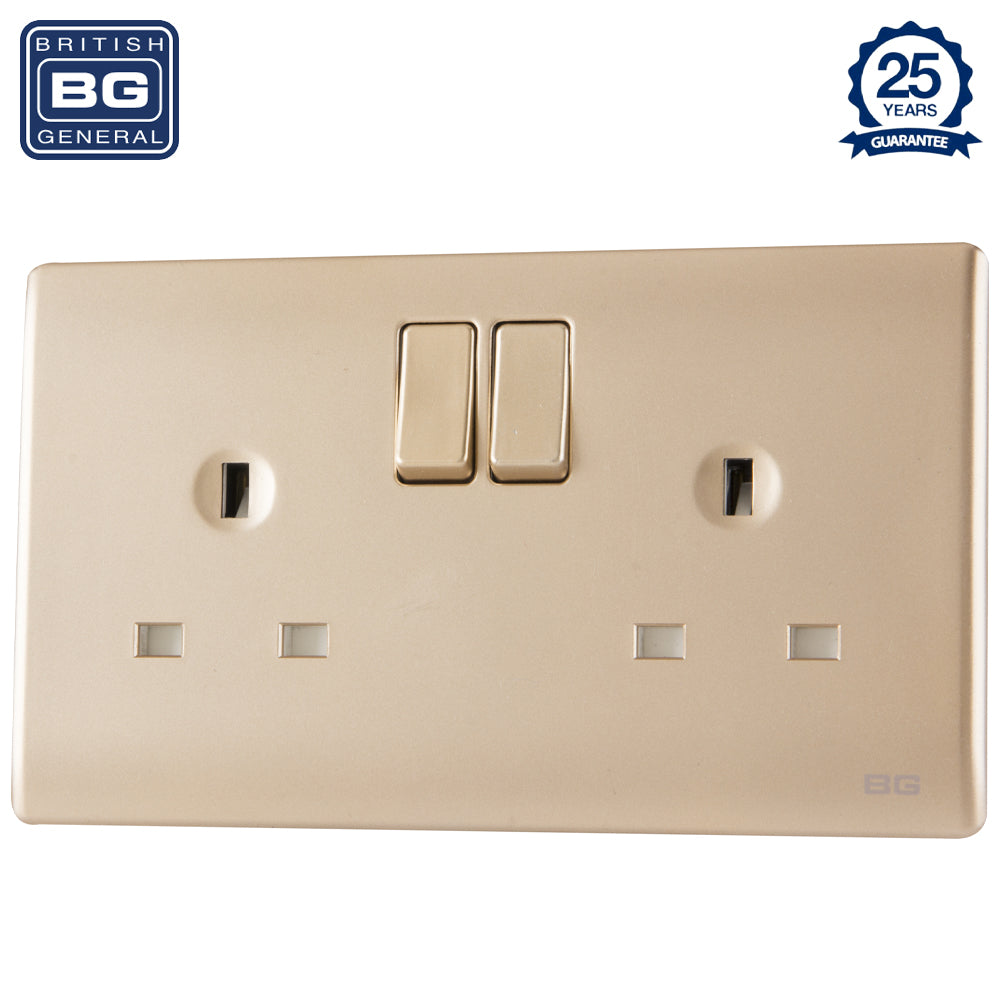 British General | PCCH22 | Neo Slimline Double Gang Switched Socket, Champagne | 25 Years Warranty