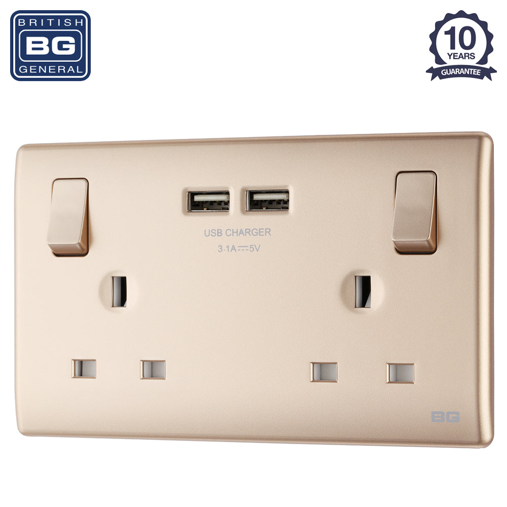 British General | PCCH22U3 | Neo Slimline Double Socket with USB Charger, Champagne | 10 Years Warranty