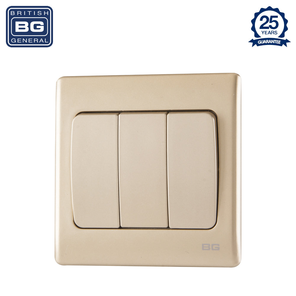 British General | PCCH43W | Neo Slimline 3 Mega Rocker 2-Way Switches, Champagne | 25 Years Warranty