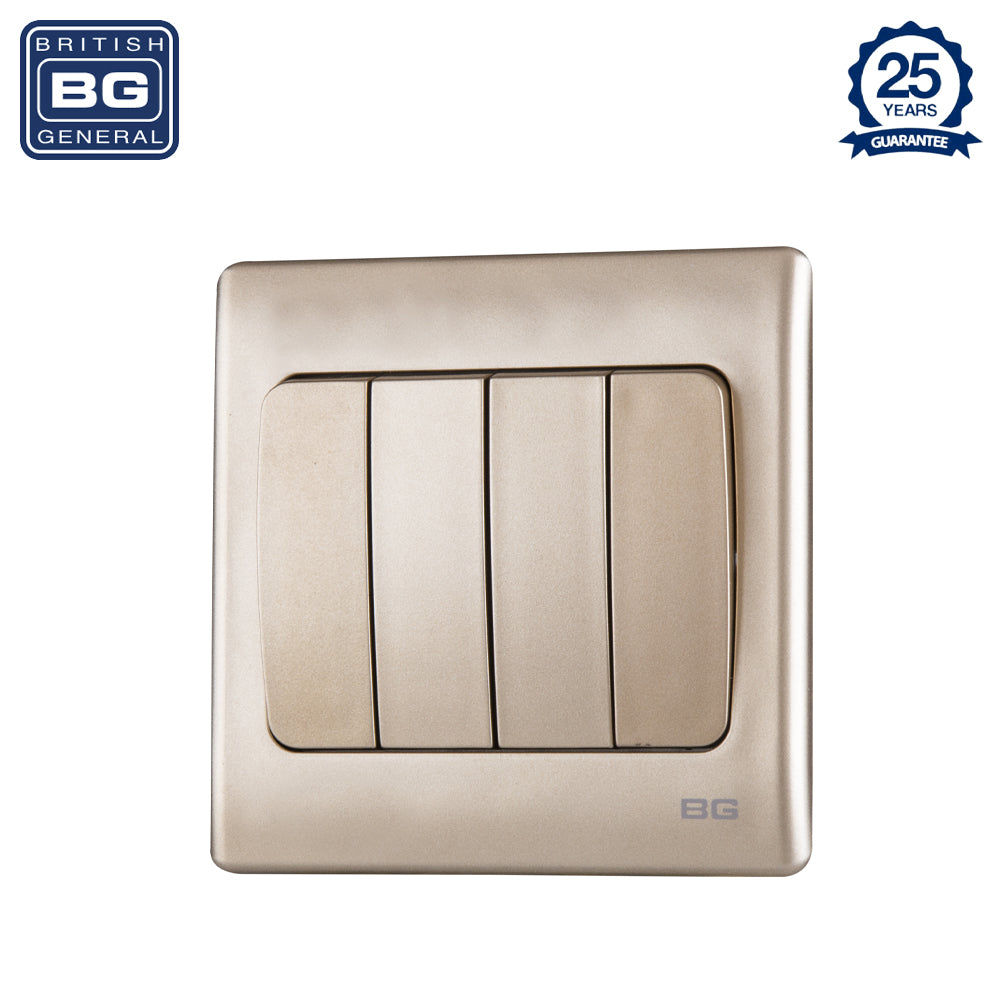 British General | PCCH44W | Neo Slimline 4 Mega Rocker 2-Way Switches, Champagne | 25 Years Warranty