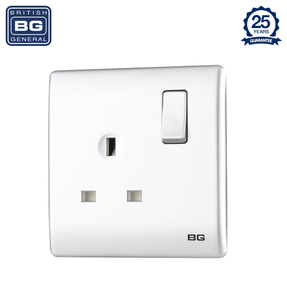 British General | PCSL21 | Neo Slimline Single Gang Switched Socket, Silver | 25 Years Warranty