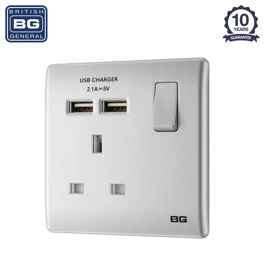 British General | PCSL21U2 | Neo Slimline Single Socket with USB Charger, Silver | 10 Years Warranty