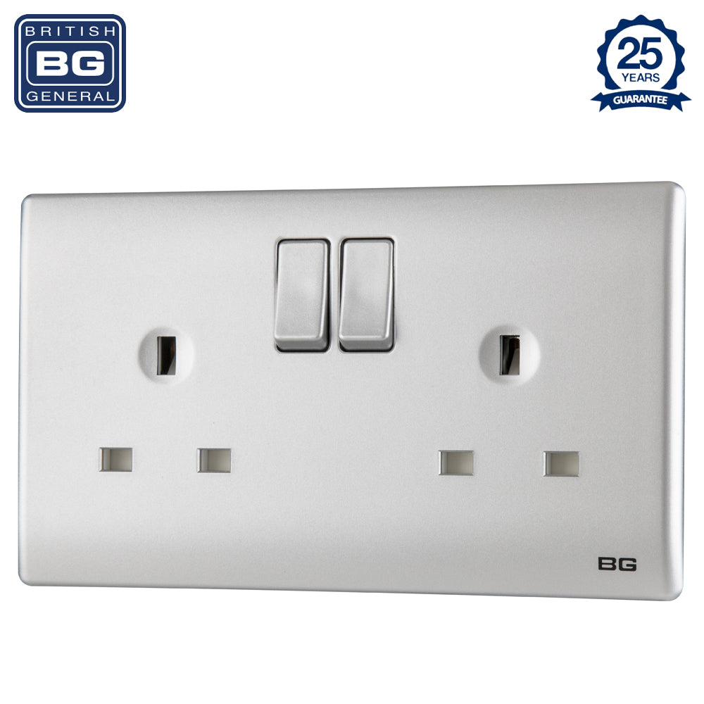 British General | PCSL22 | Neo Slimline Double Gang Switched Socket, Silver | 25 Years Warranty