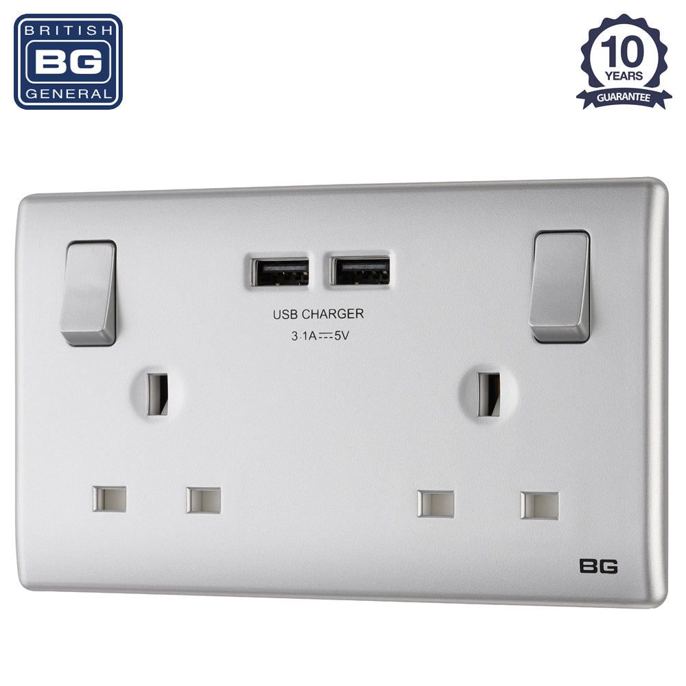 British General | PCSL22U3 | Neo Slimline Double Socket with USB Charger, Silver | 10 Years Warranty