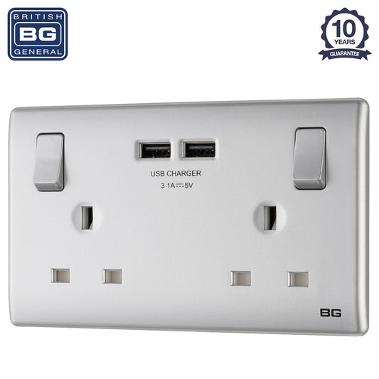 British General | PCSL22U3 | Neo Slimline Double Socket with USB Charger, Silver | 10 Years Warranty