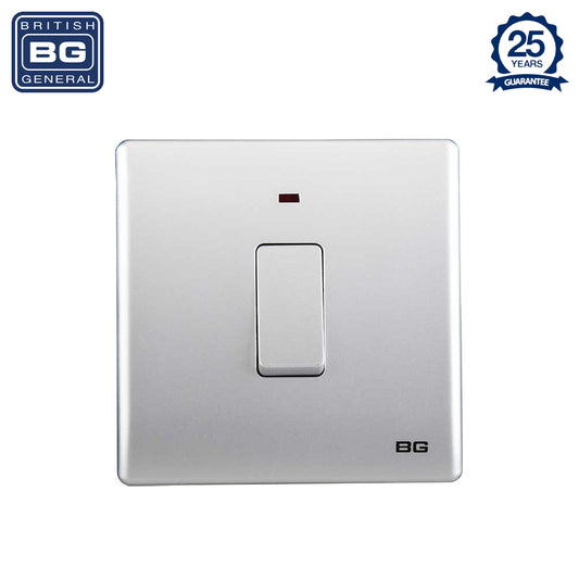 British General | PCSL31 | Neo Slimline 20Amp Double Pole Switch with LED, Silver | 25 Years Warranty