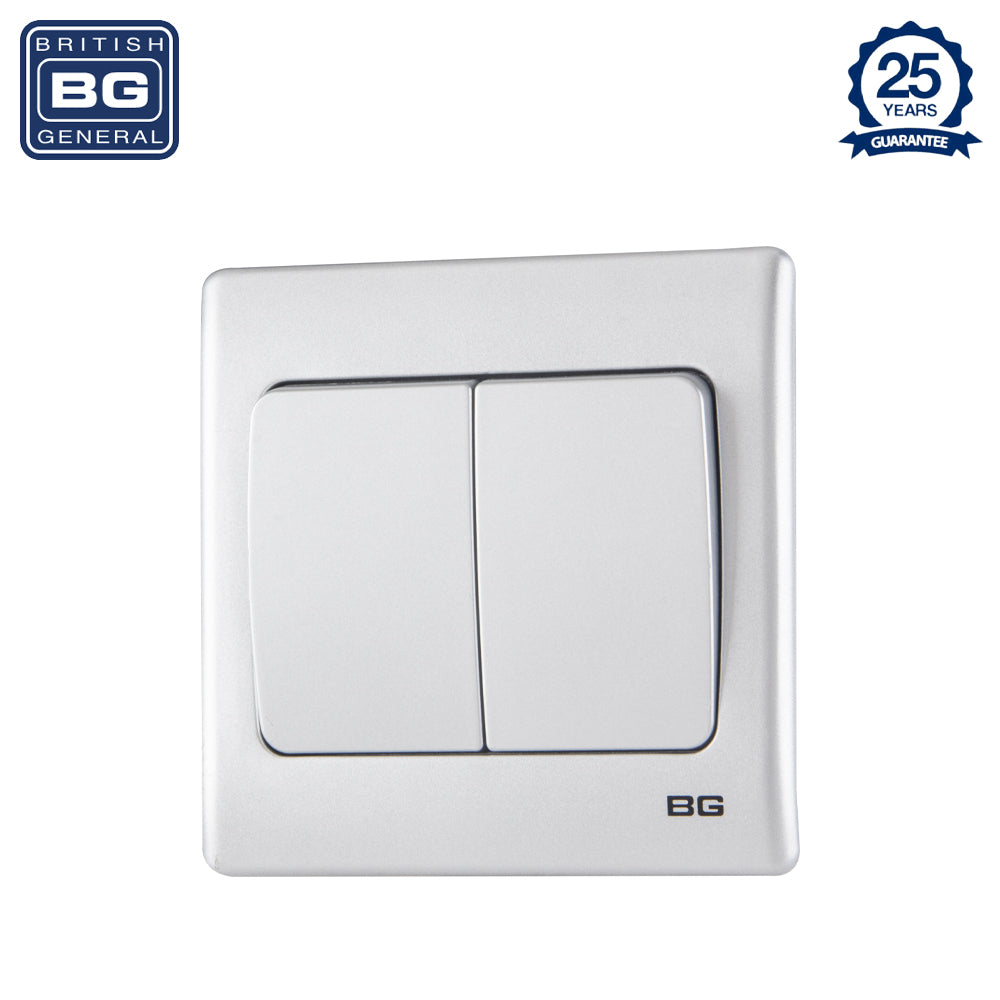 British General | PCSL42W | Neo Slimline 2 Mega Rocker 2-Way Switches, Silver | 25 Years Warranty