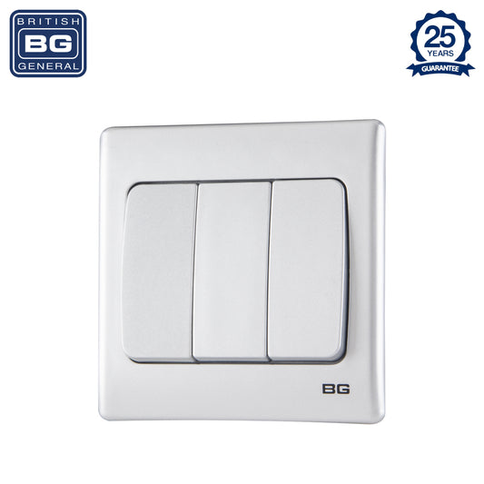 British General | PCSL43W | Neo Slimline 3 Mega Rocker 2-Way Switches, Silver | 25 Years Warranty