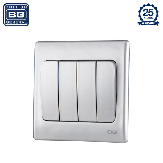 British General | PCSL44W | Neo Slimline 4 Mega Rocker 2-Way Switches, Silver | 25 Years Warranty