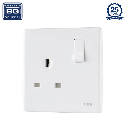 British General | PCWH21 | Neo Slimline Single Gang Switched Socket, White | 25 Years Warranty