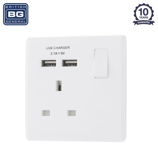 British General | PCWH21U2 | Neo Slimline Single Socket with USB Charger, White | 10 Years Warranty