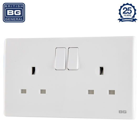 British General | PCWH22 | Neo Slimline Double Gang Switched Socket, White | 25 Years Warranty