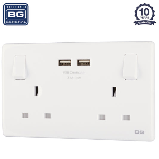 British General | PCWH22U3 | Neo Slimline Double Socket with USB Charger, White | 10 Years Warranty