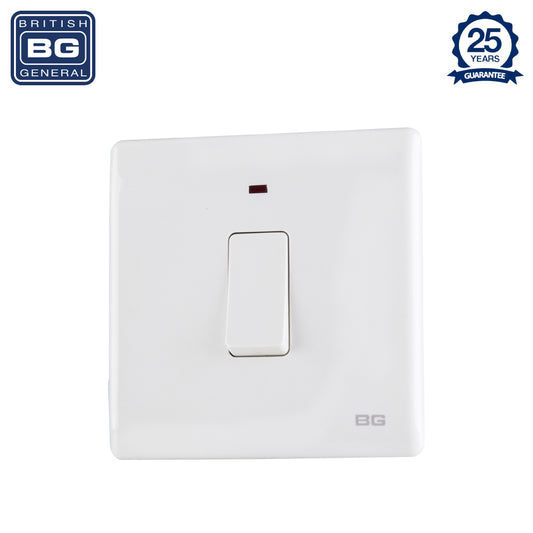 British General | PCWH31 | Neo Slimline 20Amp Double Pole Switch with LED, White | 25 Years Warranty