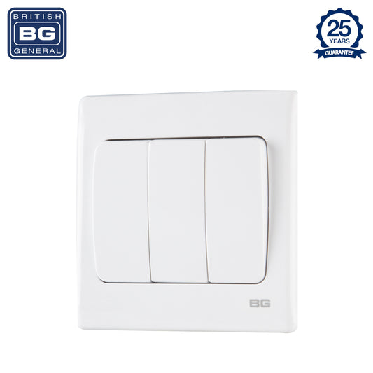 British General | PCWH43W | Neo Slimline 3 Mega Rocker 2-Way Switches, White | 25 Years Warranty