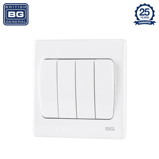 British General | PCWH44W | Neo Slimline 4 Mega Rocker 2-Way Switches, White | 25 Years Warranty