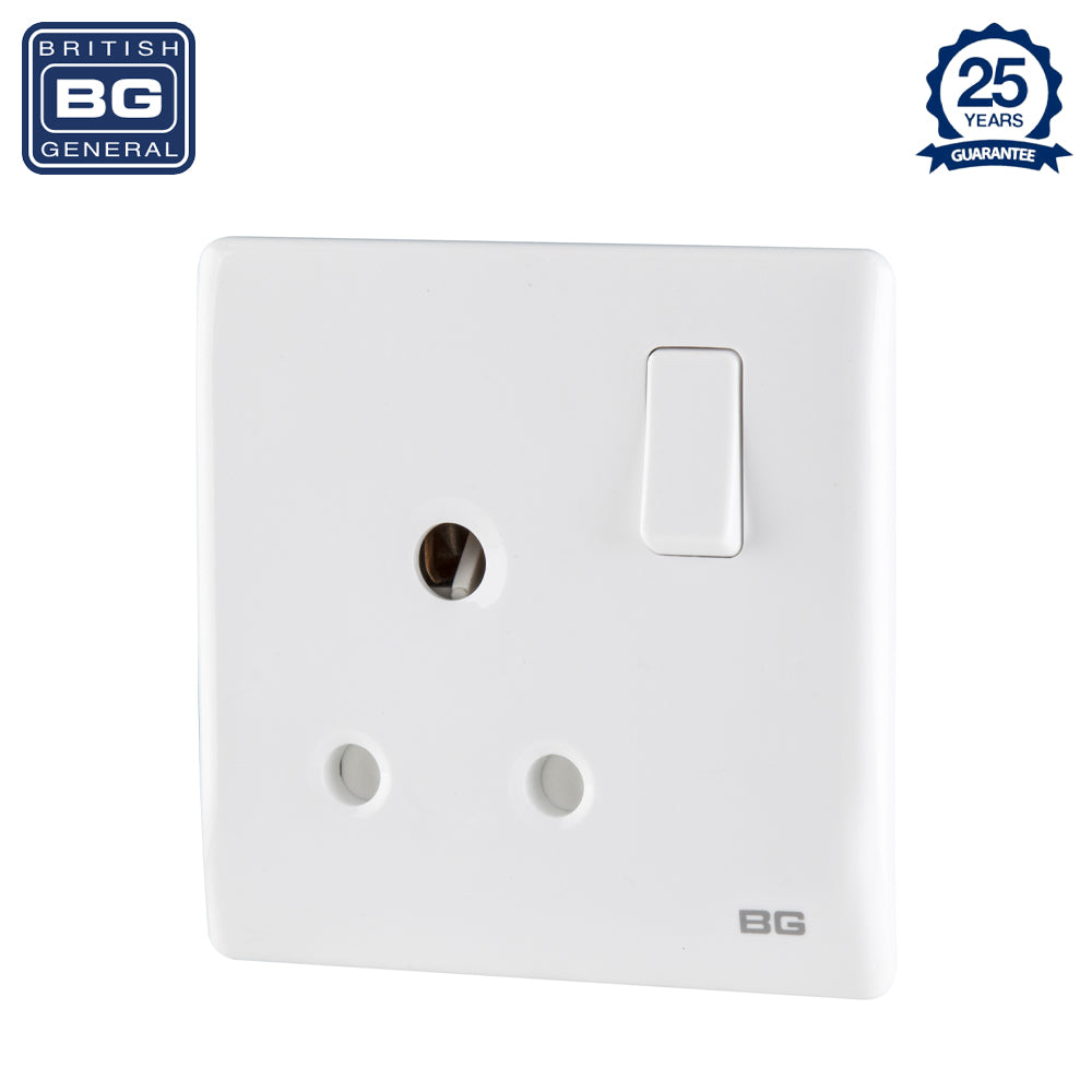 British General | PCWH99 | Neo Slimline 15Amp Single Pole Round Pin Switched Socket, White | 25 Years Warranty