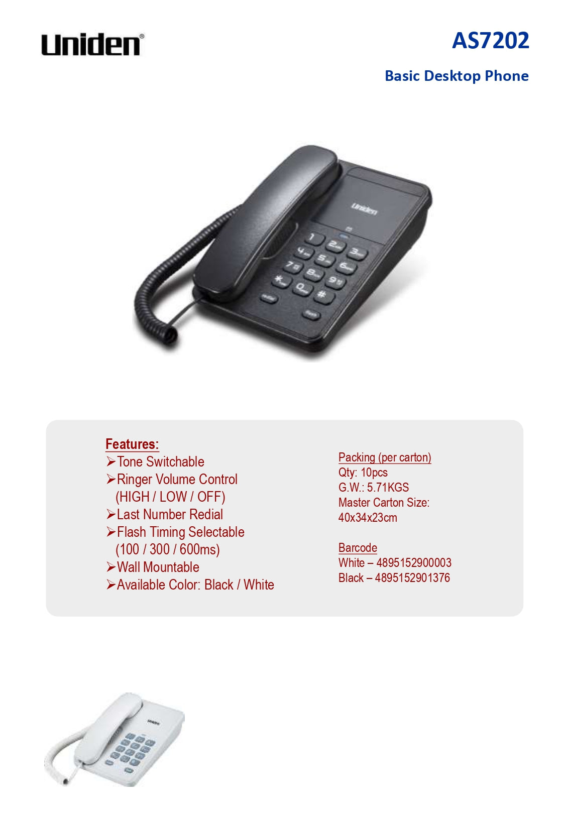 Uniden | AS7202 | Corded Phone Desktop with Message Waiting Lamp | 1 Year Warranty