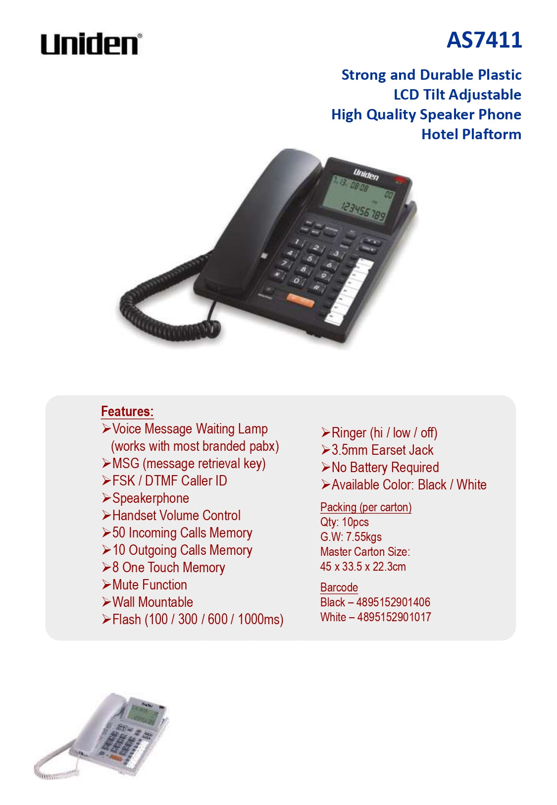 Uniden | AS7411 | Bug LCD Corded Phone Music On Hold Function | 1 Year Warranty