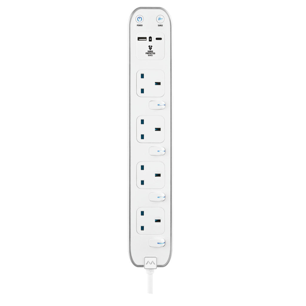 Masterplug SWSRGUAC2042PW  | 4 Sockets 3 Metre Surge+Switched Extension Lead With Super-Fast USB A+C | 3 Years Warranty