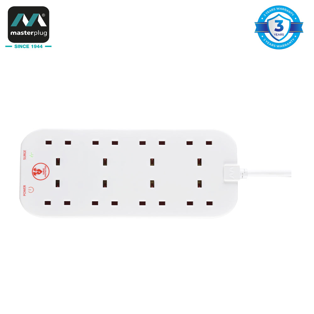 Masterplug | SRG82N | Surged Protected 8 Sockets Extension Leads, 2 meter, White | 3 Years Warranty