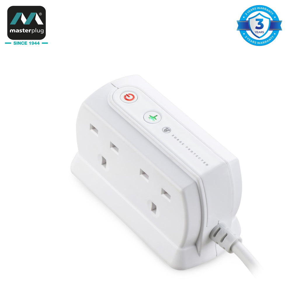 Masterplug | SRGD42MB | Surge Compact Back-To-Back 4 Sockets Extension Lead, 2 meter, White/Black | 3 Years Warranty