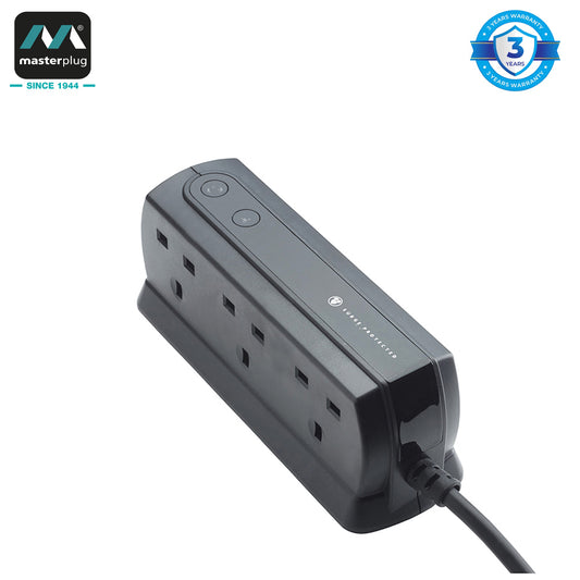 Masterplug | SRGD62MW | Surge Compact Back-to-Back 6 Sockets Extension Lead, 2 meter, Black/ White | 3 Years Warranty