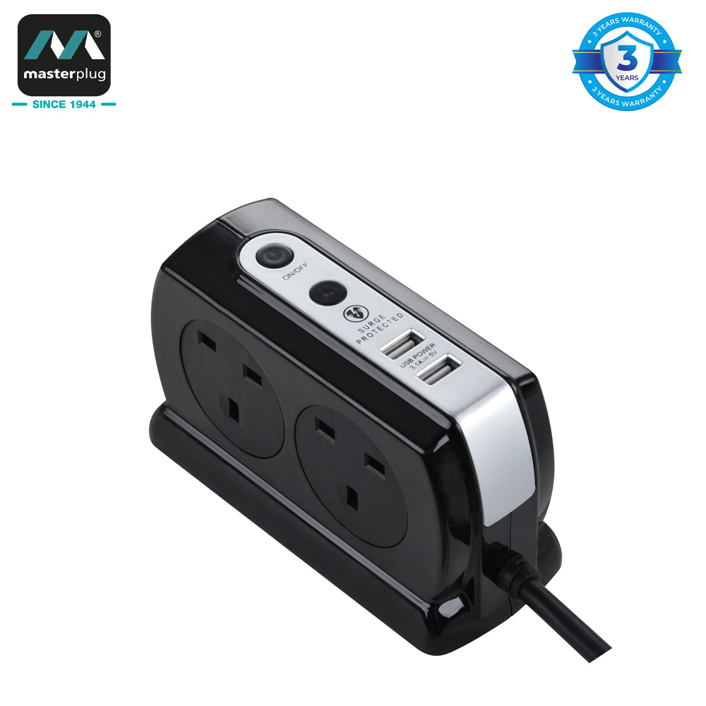 Masterplug | SRGDSU43PB | Surge Compact Back-To-Back Extension, 2 meter | 3 Years Warranty