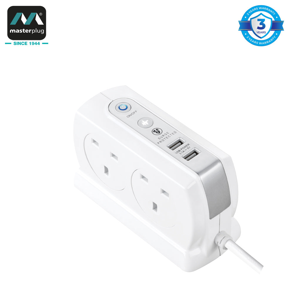 Masterplug | SRGDSU43PB | Surge Compact Back-To-Back Extension, 2 meter | 3 Years Warranty