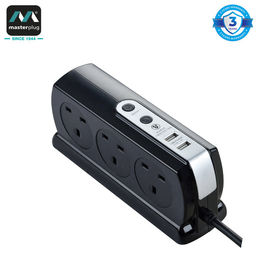 Masterplug | SRGDSU63PB | Surge Compact Back-to-Back 6 Sockets USB Extension Lead, 3 meter, Black/ White | 3 Years Warranty