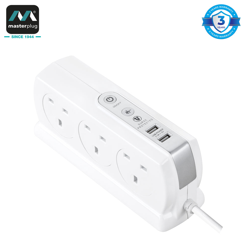 Masterplug | SRGDSU63PB | Surge Compact Back-to-Back 6 Sockets USB Extension Lead, 3 meter, Black/ White | 3 Years Warranty