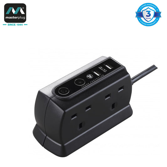 Masterplug | SRGDU42MB2 | Surge USB 4 Sockets Compact Back-to-Back Extension Lead, 2 meter, Black | 3 Years Warranty